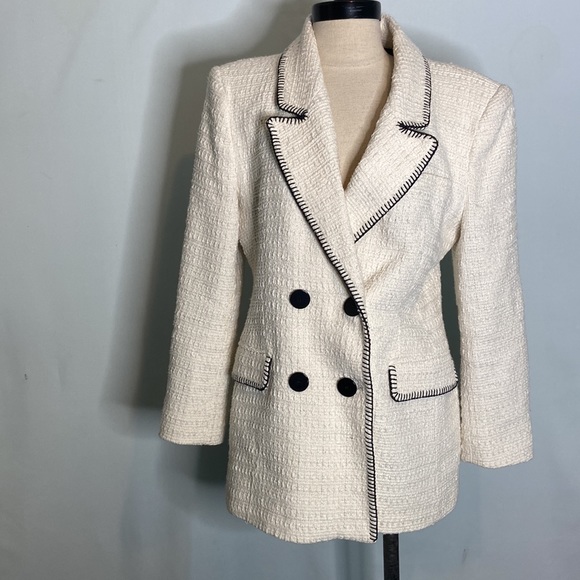 Zara Ecru Topstitched Double Breasted Blazer Large - Picture 3 of 7
